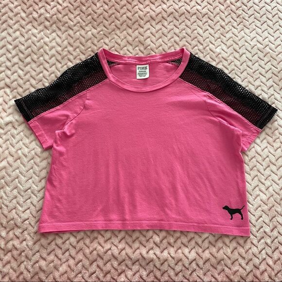 Victoria's Secret Pink Perfect Crop MESH Crew TEE, Ultra Pink Womens Size S - Picture 2 of 4